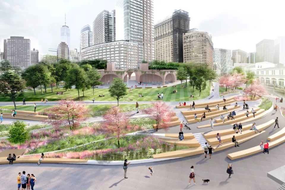 Rendering of tiered park with trees and benches at Battery Place
